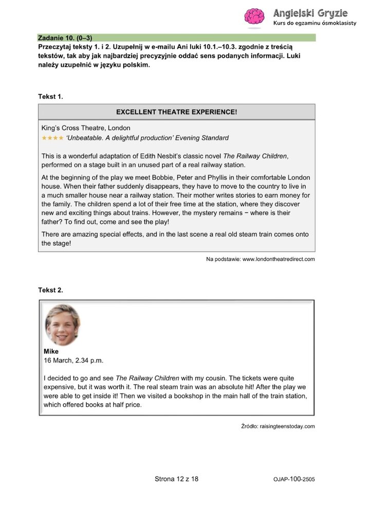 Teksty źródłowe do zadania z egzaminu ósmoklasisty z angielskiego (10), dotyczące sztuki teatralnej "The Railway Children".