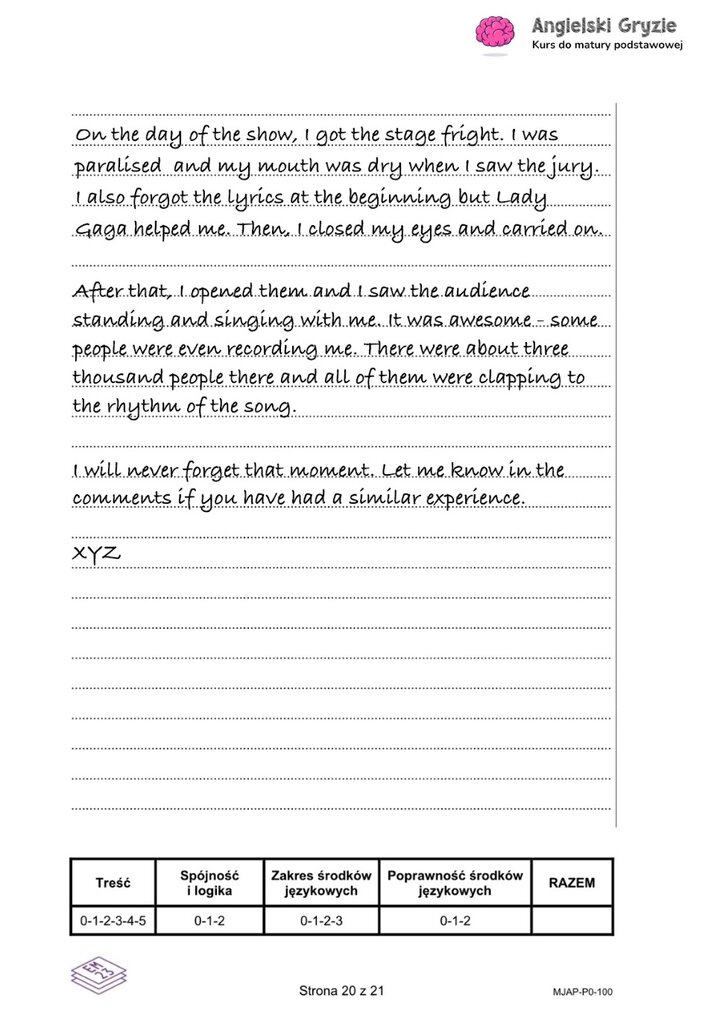 Fragment arkusza maturalnego z języka angielskiego – wybrana wypowiedź pisemna. 