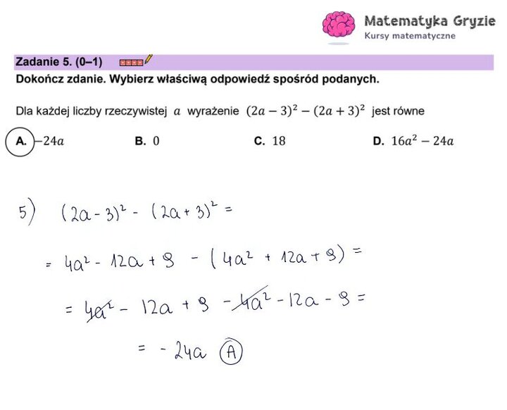 Fragment arkusza maturalnego z matematyki – zadania zamknięte z wzorów skróconego mnożenia 