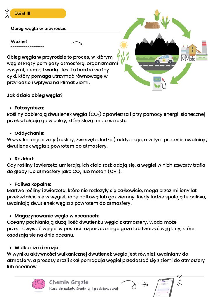 Schemat obiegu węgla w przyrodzie. Ilustracja cyklu węglowego uwzględniająca fotosyntezę, oddychanie organizmów, rozkład materii, spalanie paliw kopalnych, magazynowanie węgla w oceanach oraz wulkanizm. Grafika pokazuje przepływ dwutlenku węgla między atmosferą, biosferą i litosferą.