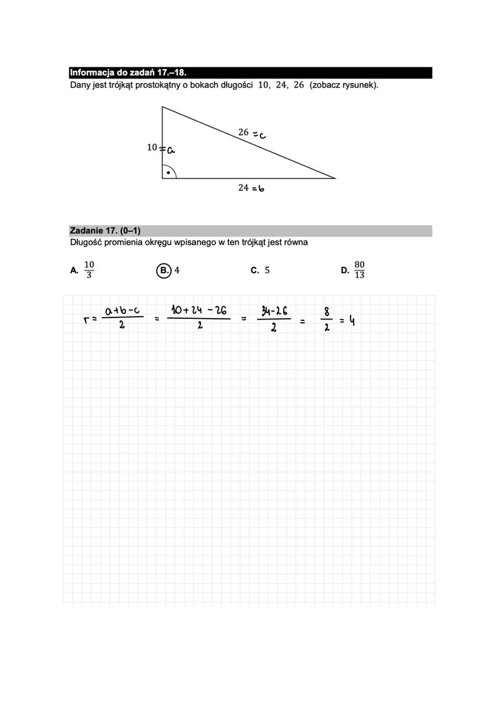 Fragment arkusza maturalnego  z matematyki podstawowej - zadanie z rysunkiem trójkąta prostokątnego.