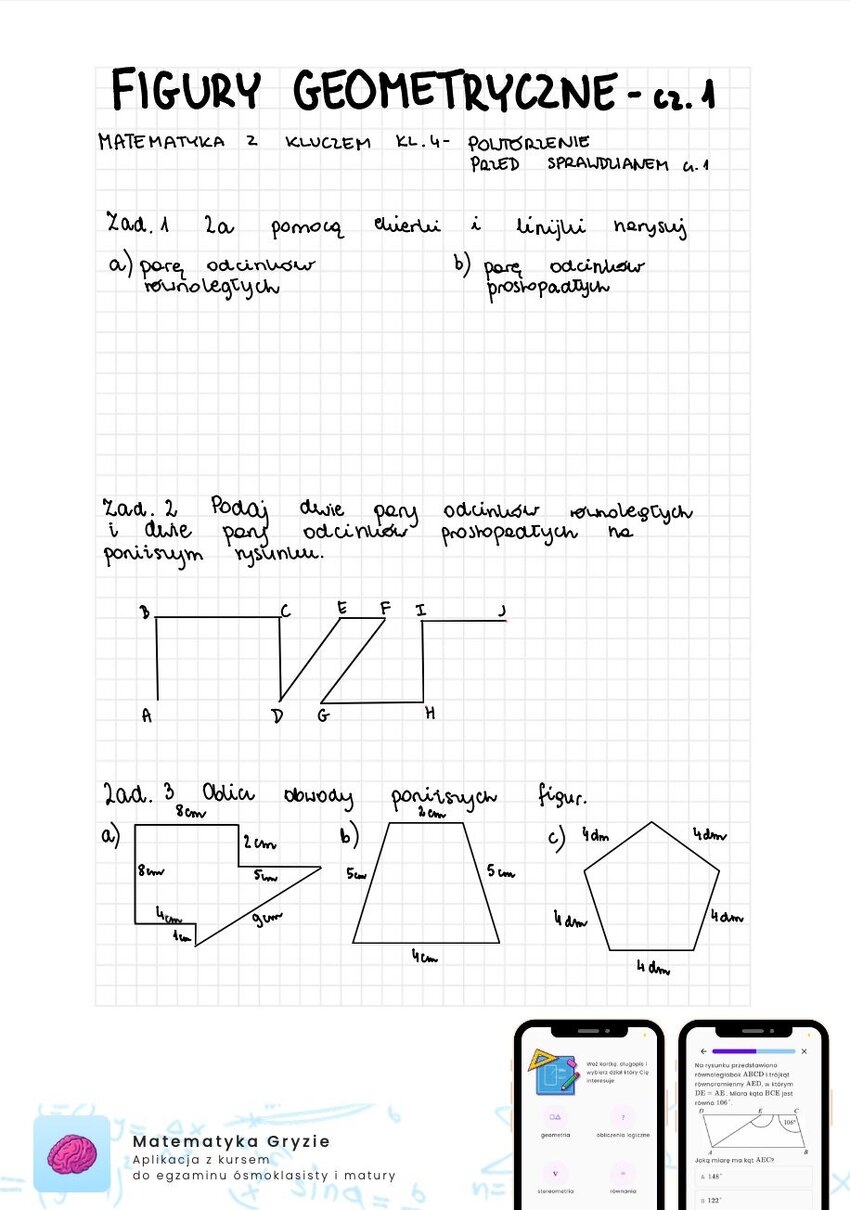 Zadania na sprawdzian matematyka z kluczem klasa 4 - figury geometryczne cz. 1