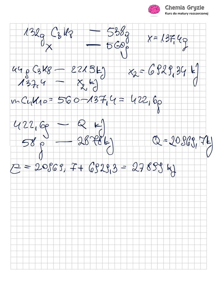 Ręczne obliczenia do zadania maturalnego z chemii (15), dotyczące energii wydzielonej podczas spalania mieszaniny propanu i butanu (LPG).