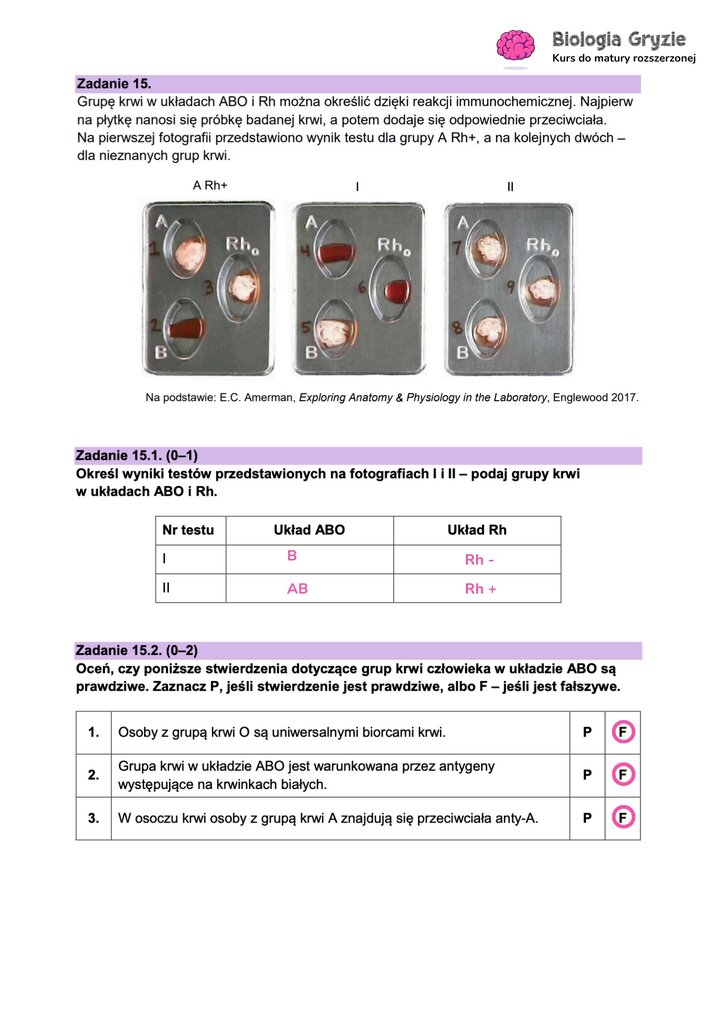 Fragment arkusza maturalnego z biologii - zdanie dotyczące grupy krwi.