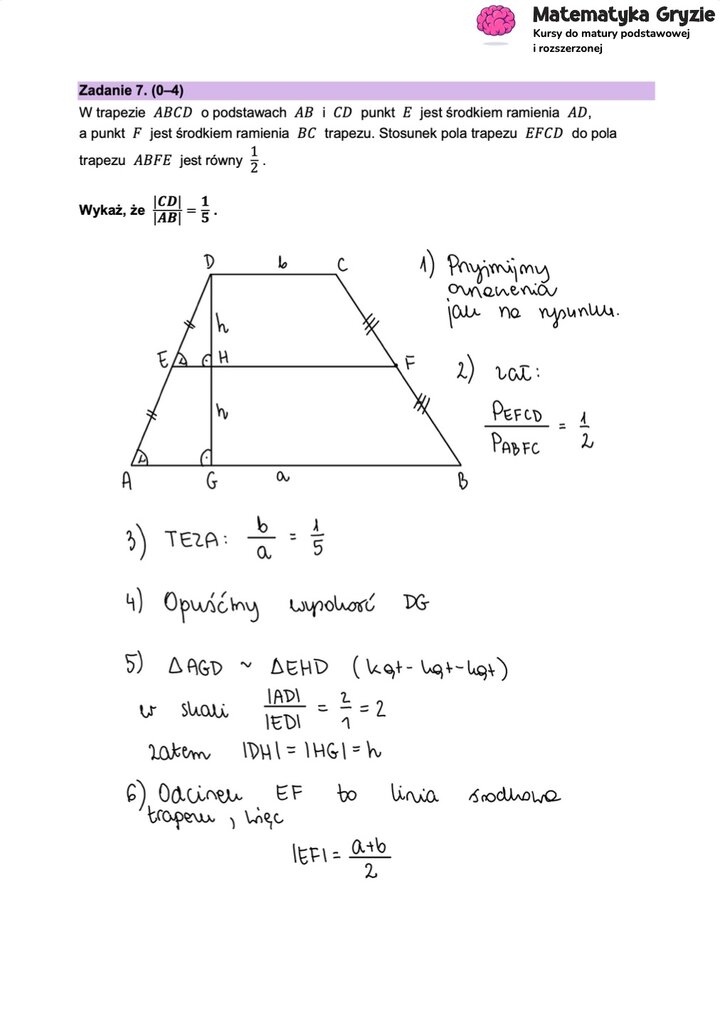 Fragment arkusza maturalnego z matematyki rozszerzonej - zadanie dowodowe z użyciem własności trapezu.