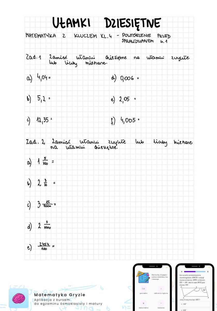 Zadania na sprawdzian matematyka z kluczem klasa 4 - ułamki dziesiętne