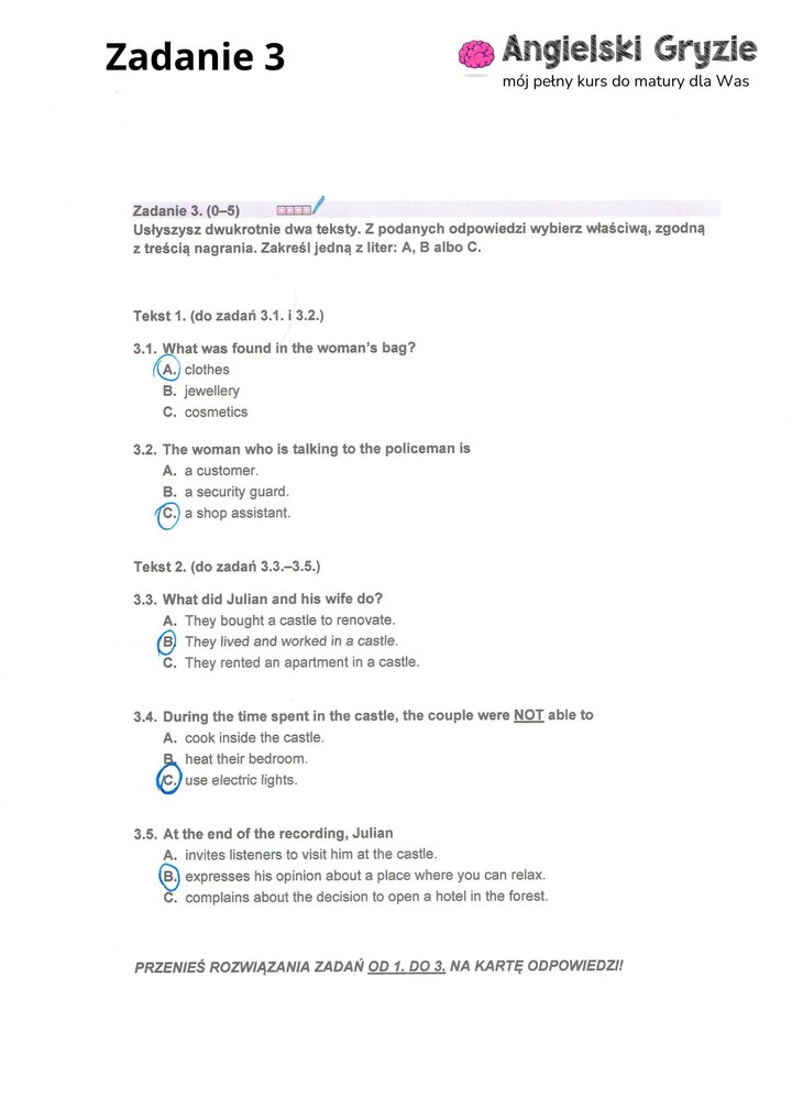 Fragment arkusza maturalnego z języka angielskiego – zadanie na rozumienie ze słuchu z 
pięcioma pytaniami wielokrotnego wyboru.