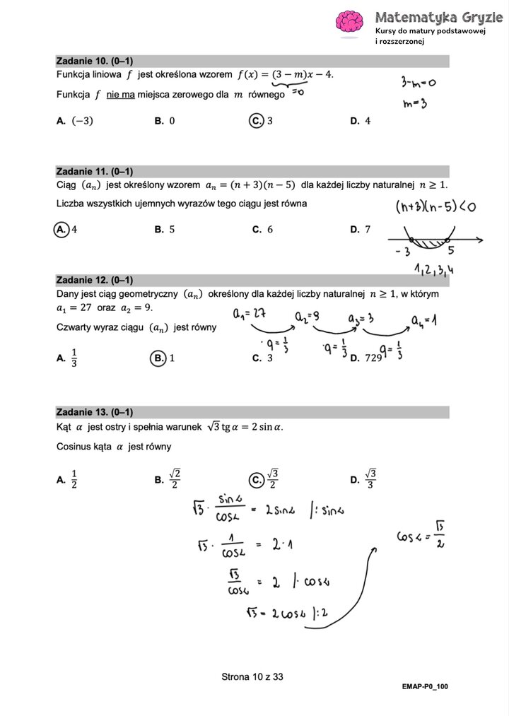 Fragment arkusza maturalnego  z matematyki podstawowej - zadania z funkcji liniowej, ciągami i trygonometrią.