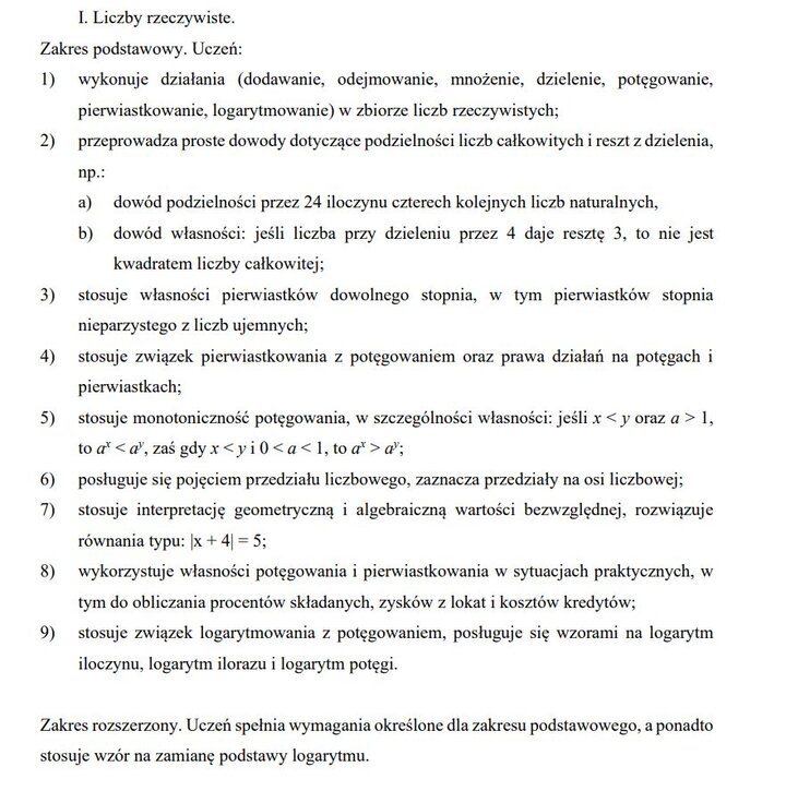 Wymagania edukacyjne na egzamin maturalny z matematyki - zagadnienia z działów.