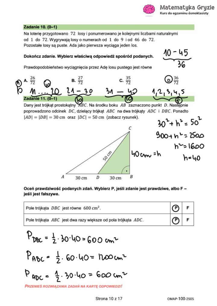 Zadania z egzaminu ósmoklasisty z matematyki (10-11) z prawdopodobieństwa i geometrii z wykorzystaniem twierdzenia Pitagorasa.