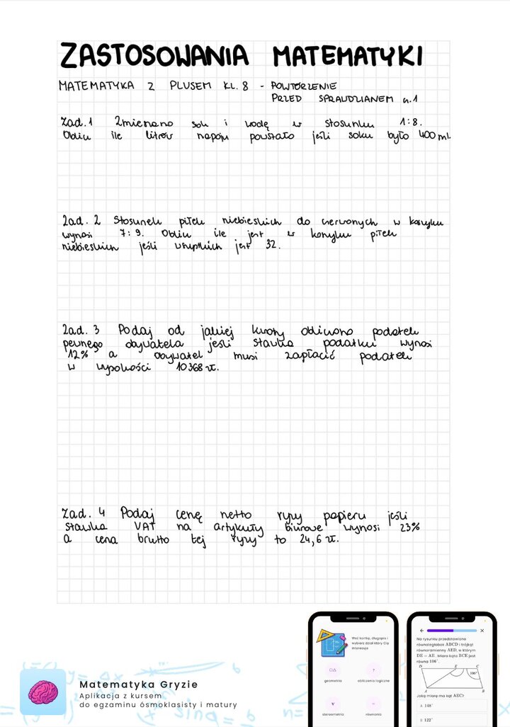 Zadania na sprawdzian GWO matematyka z plusem klasa 8 - zastosowania matematyki