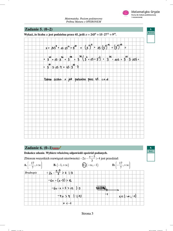 Zdjęcie kartki papieru z odręcznymi rozwiązaniami zadań z próbnego egzaminu maturalnego z matematyki Operon (poziom podstawowy). Widoczne wzory, obliczenia i zaznaczone wyniki.