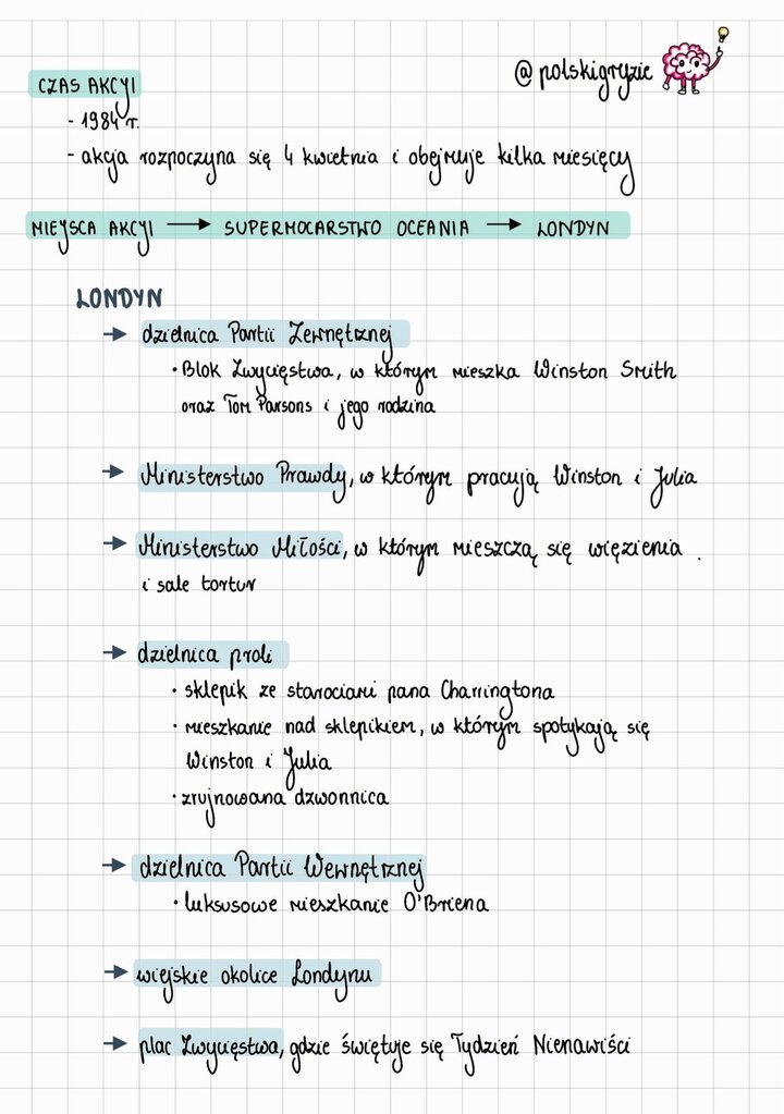 Szczegółowa analiza czasu (1984 r.)  i miejsca akcji w "Roku 1984". Wymienione są kluczowe lokalizacje w Londynie, stolicy Oceanii : Blok Zwycięstwa , Ministerstwo Prawdy , Ministerstwo Miłości , dzielnica proli  (sklepik Charringtona) oraz mieszkanie O'Briena.