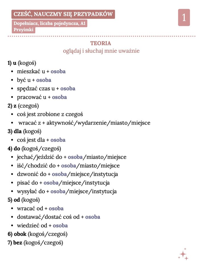 Karta edukacyjna 'Dopełniacz, liczba pojedyncza, A1 - Przyimki' zawierająca listę 7 kluczowych przyimków łączących się z dopełniaczem. Notatka wyjaśnia użycie przyimków: u, z, dla, do, od, obok oraz bez, podając konkretne przykłady konstrukcji czasownikowych dla każdego z nich.