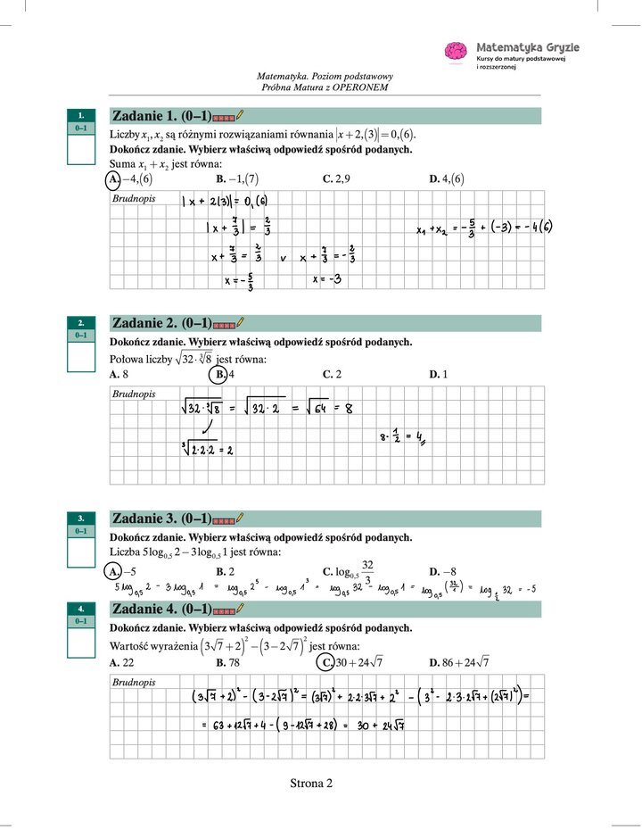 Zdjęcie kartki papieru z odręcznymi rozwiązaniami zadań z próbnego egzaminu maturalnego z matematyki Operon (poziom podstawowy). Widoczne wzory, obliczenia i zaznaczone wyniki.