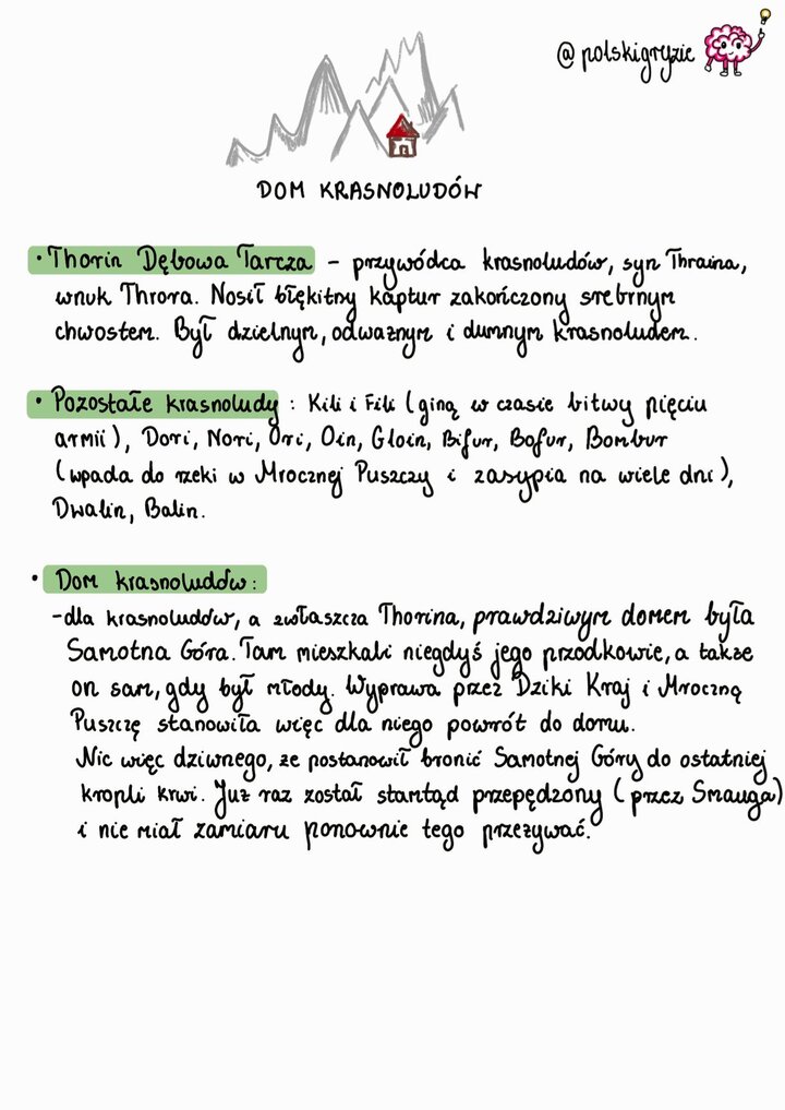 Rysunek przedstawiający mały dom z czerwonym dachem u stóp postrzępionych, szarych gór (Erebor/Samotna Góra). Obraz symbolizuje Dom Krasnoludów – cel podróży Thorina Dębowej Tarczy i kompanów, ilustrując motyw powrotu do dziedzictwa i walki o utracone królestwo.