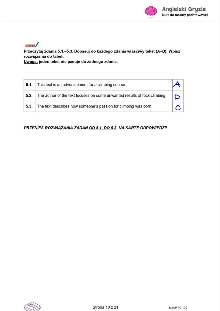 Fragment arkusza maturalnego z języka angielskiego – zadanie na rozumienie tekstu czytanego z pytaniami wielokrotnego wyboru.