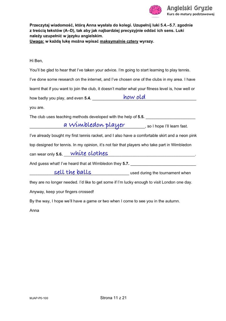 Fragment arkusza maturalnego z języka angielskiego – zadanie z brakującymi fragmentami zdań, do uzupełnienia samodzielnie.