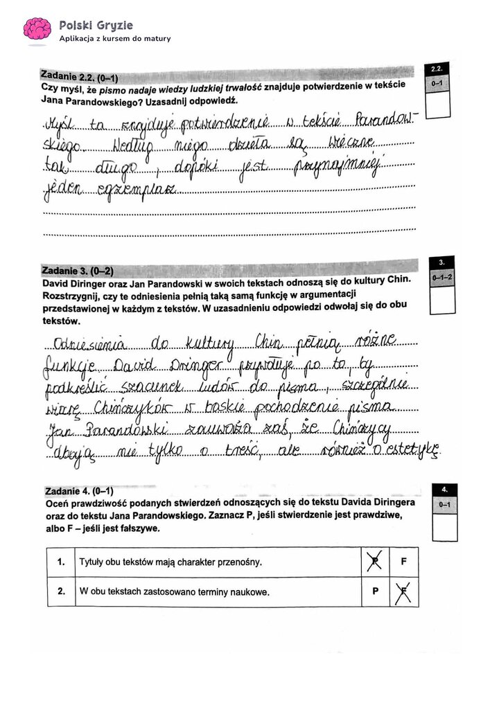 Fragment arkusza maturalnego z języka polskiego – pytania dotyczące przeczytanego tekstu.