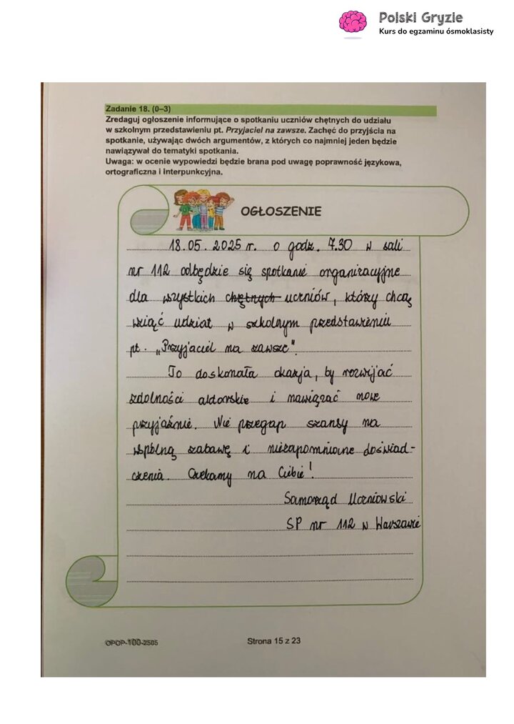 Fragment arkusza egzaminacyjnego z języka polskiego – zadanie z pisania ogłoszenia.