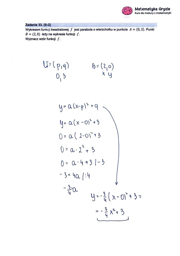 Zadanie z matury z matematyki (33) z wyznaczeniem wzoru funkcji kwadratowej w postaci kanonicznej na podstawie współrzędnych wierzchołka i punktu.
