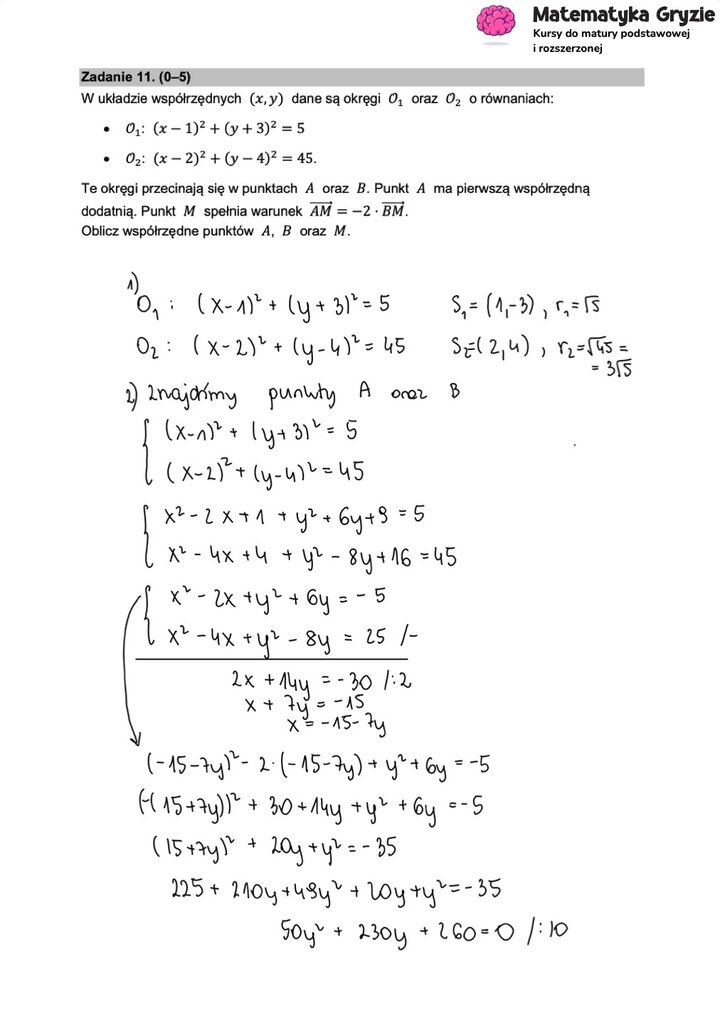 Fragment arkusza maturalnego z matematyki rozszerzonej - obliczanie wektorów z wykorzystaniem równania okręgu.