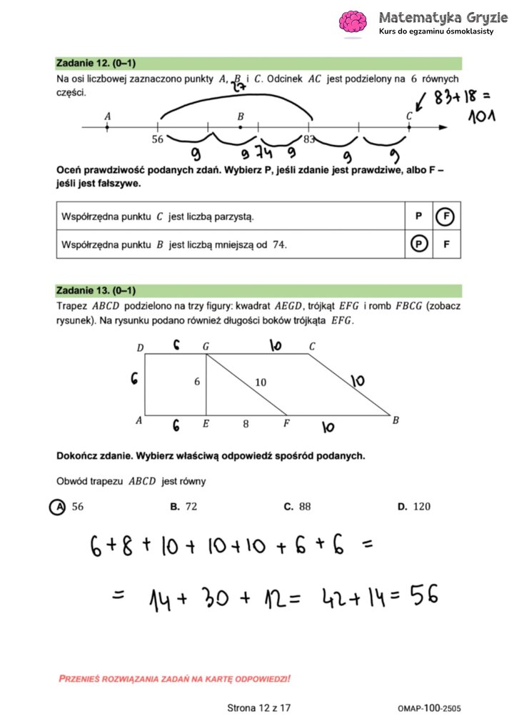 Zadania z egzaminu ósmoklasisty z matematyki (12-13) z odczytywania współrzędnych na osi i obliczania obwodu trapezu.
