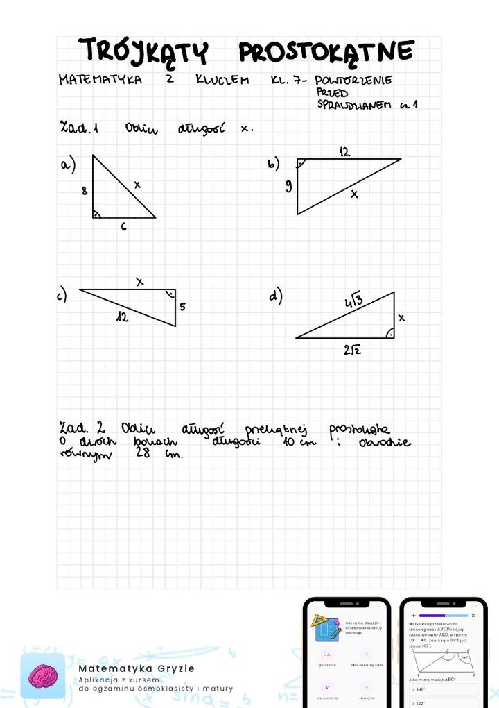 Zadania na sprawdzian matematyka z kluczem klasa 7 - trójkąty prostokątne