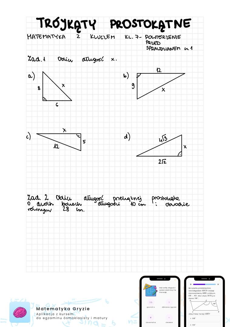 Zadania na sprawdzian matematyka z kluczem klasa 7 - trójkąty prostokątne