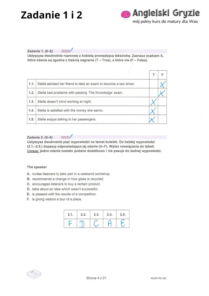 Fragment arkusza maturalnego z języka angielskiego – zadanie na rozumienie ze słuchu z 
pięcioma pytaniami wielokrotnego wyboru.