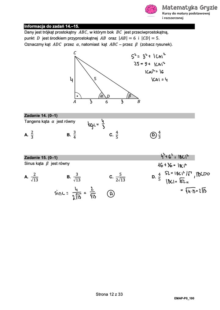 Fragment arkusza maturalnego  z matematyki podstawowej - zadania z wykorzystaniem własności kątów trygonometrycznych.