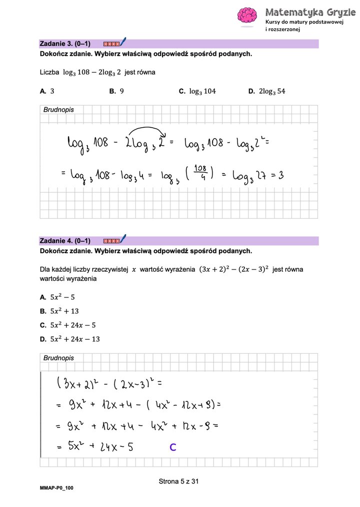 Zadanie maturalne z matematyki (3-4) z rozwiązanymi zadaniami na logarytmy i upraszczanie wyrażeń algebraicznych.