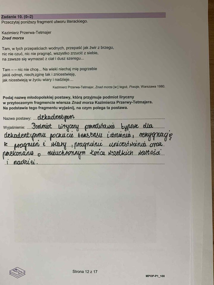 Fragment arkusza egzaminacyjnego z języka polskiego – pytania dotyczące wybranych lektur obowiązkowych.