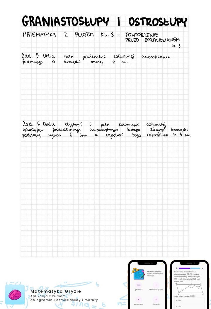 Zadania na sprawdzian GWO matematyka z plusem klasa 8 - graniastosłupy i ostrosłupy