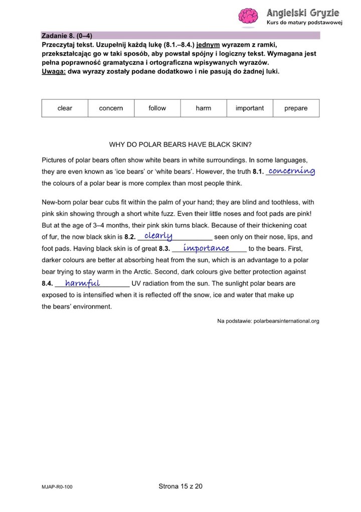 Fragment arkusza maturalnego z języka angielskiego – zadanie z brakującymi słowami, do uzupełnienia samodzielnie.