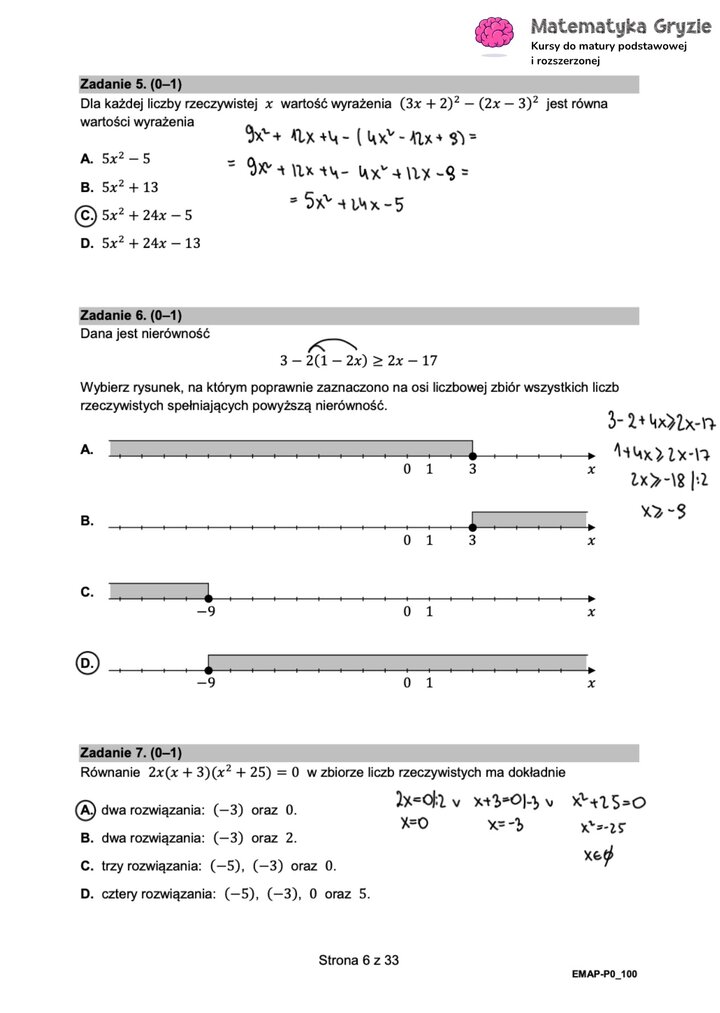 Fragment arkusza maturalnego  z matematyki podstawowej - zadania z obliczania wartości wyrażeń, równań i nierówności.