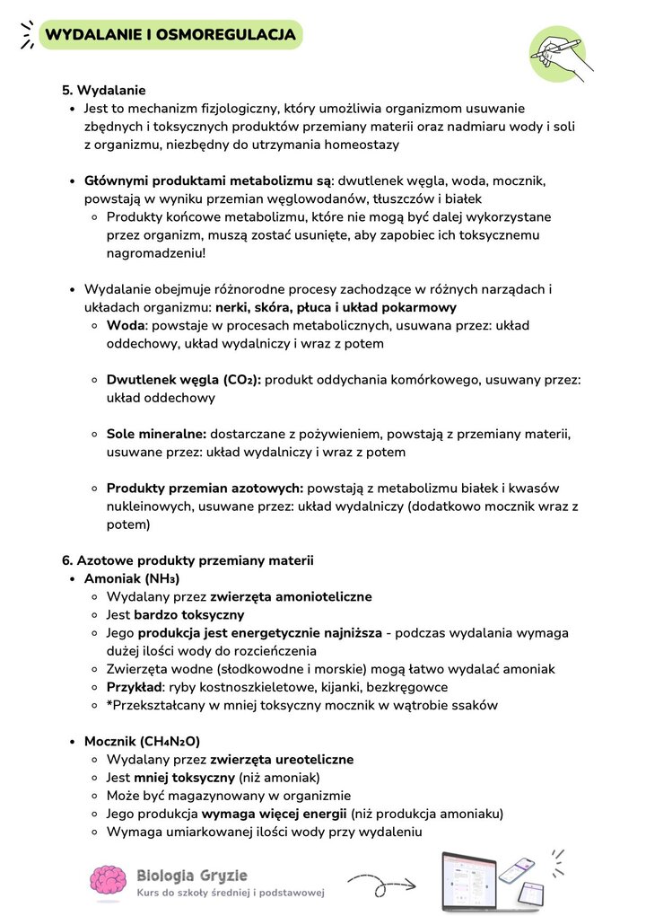 Podsumowanie procesów wydalania różnych substancji (woda, CO2, sole). Sekcja o azotowych produktach przemiany materii porównuje toksyczność i zapotrzebowanie na wodę dla amoniaku i mocznika.