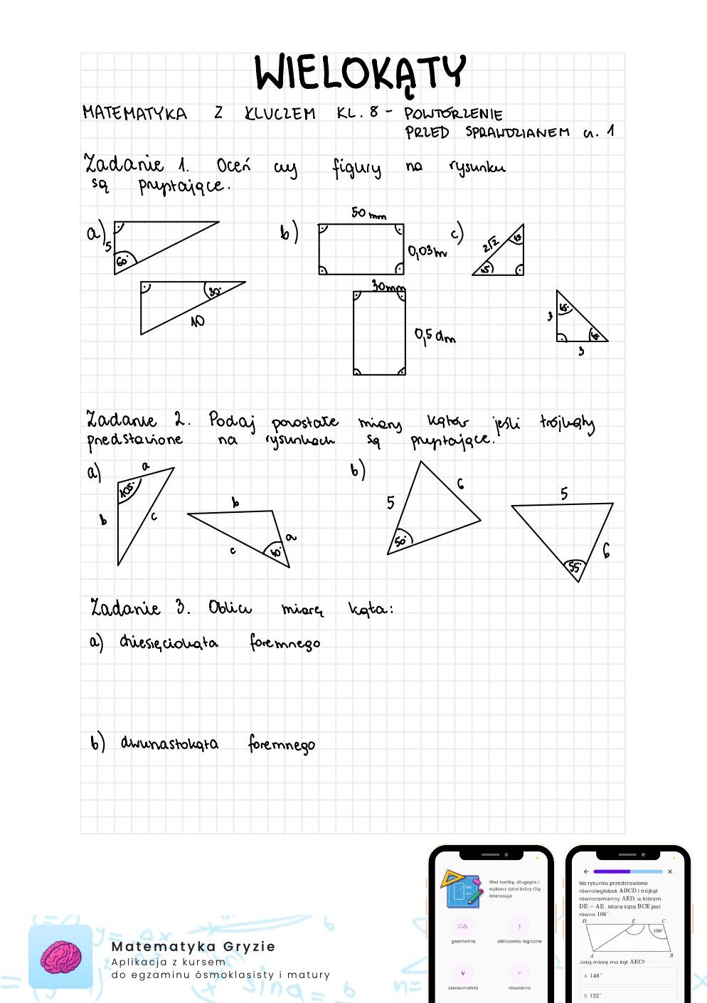 Zadania na sprawdzian matematyka z kluczem klasa 8 - wielokąty