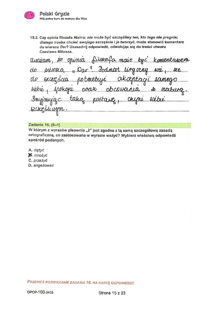 zadanie 15.2, 16 egzamin ósmoklasisty CKE język polski