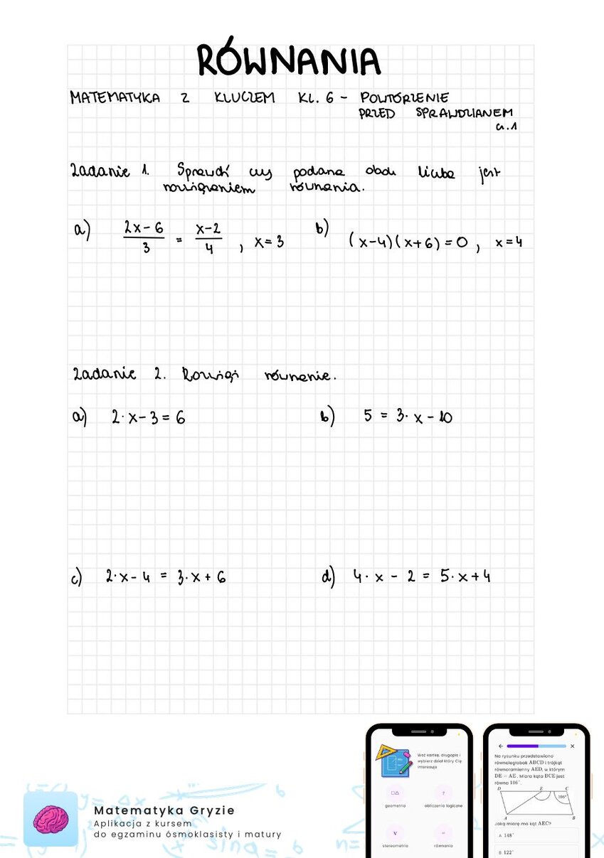 Zadania na sprawdzian matematyka z kluczem klasa 6 - równania