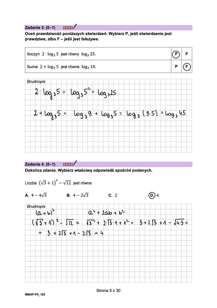 Fragment arkusza maturalnego z matematyki podstawowej - zadanie z logarytmami oraz z zastosowaniem wzorów skróconego mnożenia.