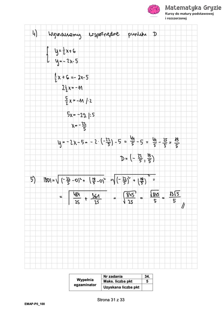 Fragment arkusza maturalnego  z matematyki podstawowej - zadanie z zastosowaniem własności geometrii analitycznej.