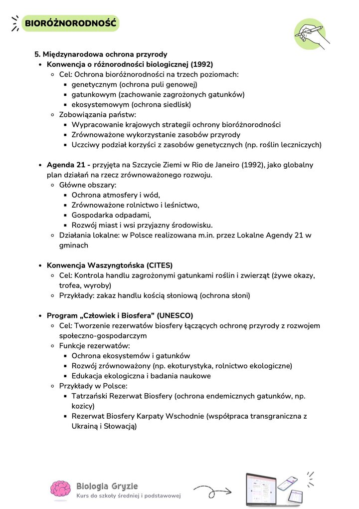 Zestawienie międzynarodowych konwencji ochrony przyrody: Konwencja o różnorodności biologicznej, Agenda 21, Konwencja Waszyngtońska (CITES) oraz program UNESCO Człowiek i Biosfera.