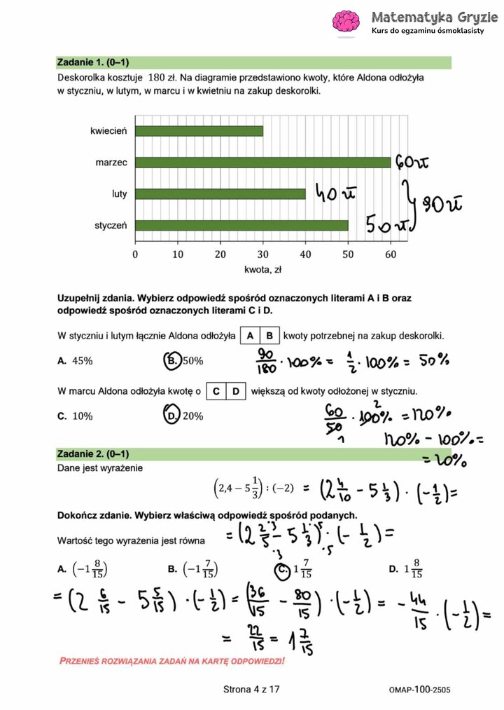 Zadania z egzaminu ósmoklasisty z matematyki (1-2) z analizą diagramu słupkowego i obliczeniami na ułamkach.