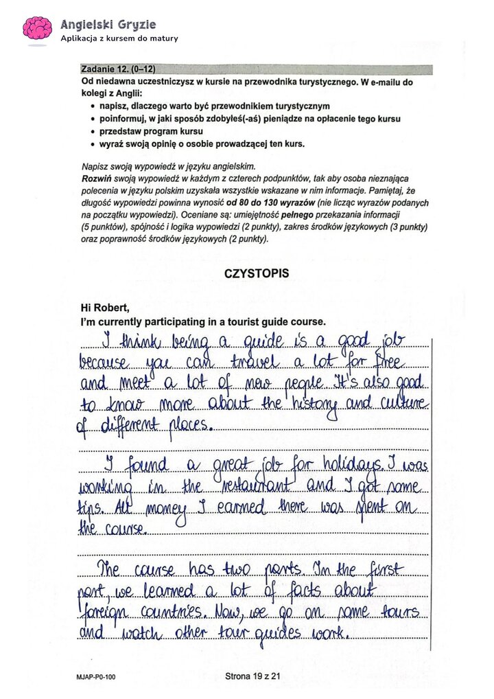 Fragment arkusza maturalnego z języka angielskiego – wybrana wypowiedź pisemna. 