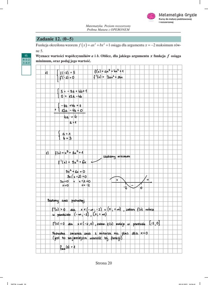 Zdjęcie kartki papieru z odręcznymi rozwiązaniami zadań z próbnego egzaminu maturalnego z matematyki Operon (poziom rozszerzony). Widoczne wzory, obliczenia i zaznaczone wyniki.
