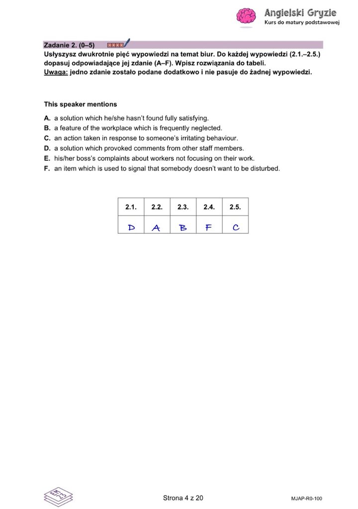 Fragment arkusza maturalnego z języka angielskiego – zadanie na rozumienie ze słuchu z 
pięcioma pytaniami wielokrotnego wyboru.
