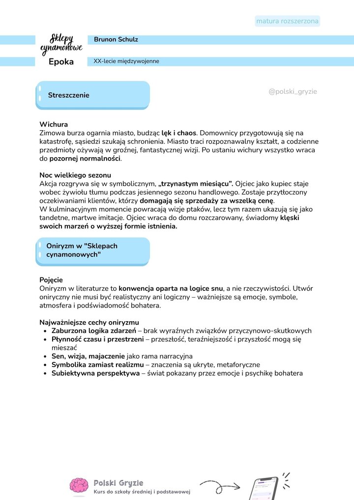Notatka szkolna omawiająca streszczenie opowiadań „Wichura” i „Noc wielkiego sezonu” oraz definicję i cechy oniryzmu w literaturze.