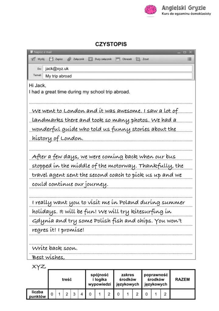 Przykładowa odpowiedź do zadania pisemnego (e-mail) z egzaminu ósmoklasisty z angielskiego, wraz z kryteriami oceniania.