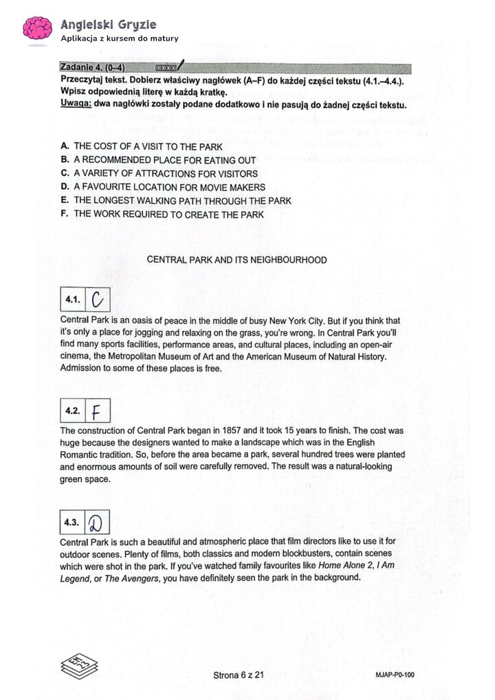Fragment arkusza maturalnego z języka angielskiego – zadanie na dopasowywanie tekstów do odpowiednich akapitów.